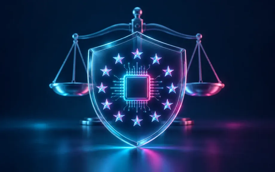 Shield with the EU stars protecting an AI chip, with scales of justice behind it