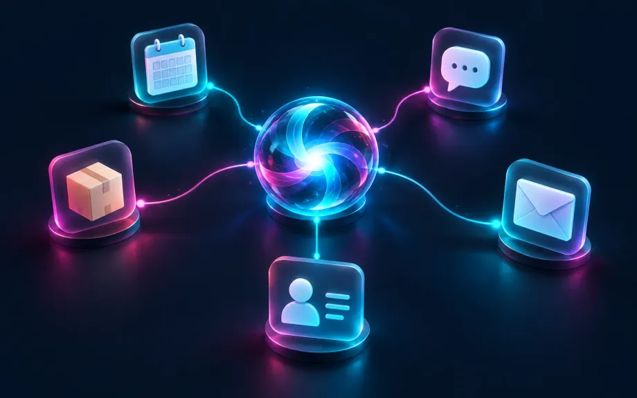 AI orb connected to a calendar, a chat, a parcel, an email and a contact card