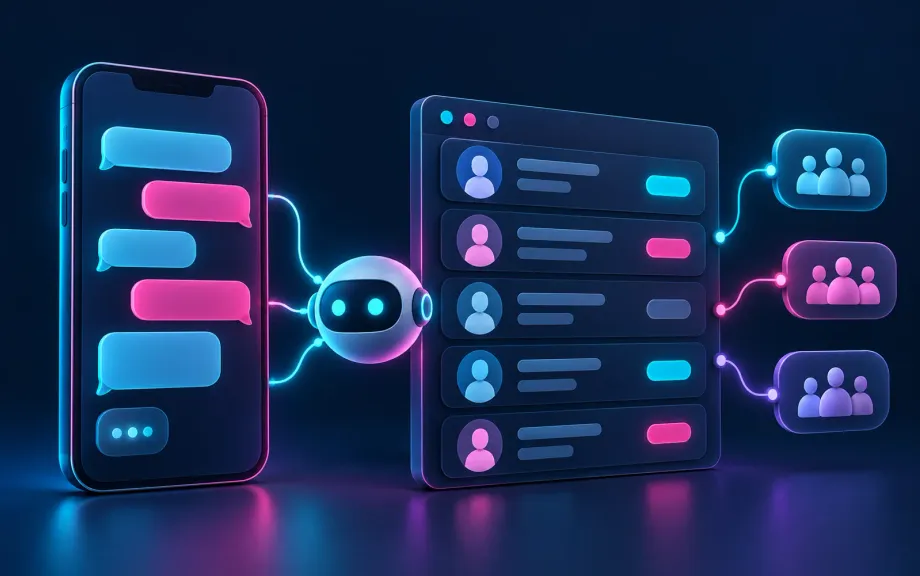 Phone with a WhatsApp conversation next to a dashboard of candidate cards and their status