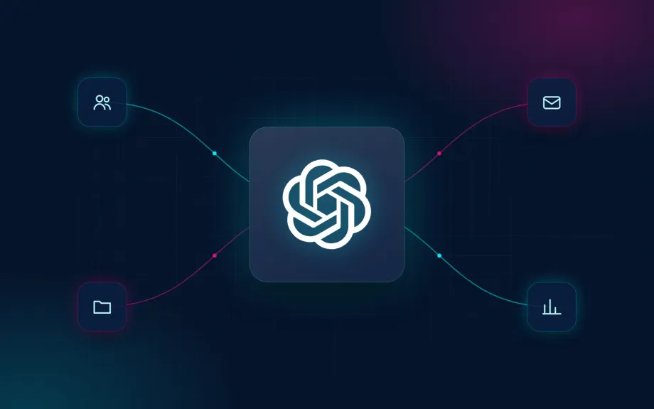 ChatGPT logo connected to users, folders, email and charts