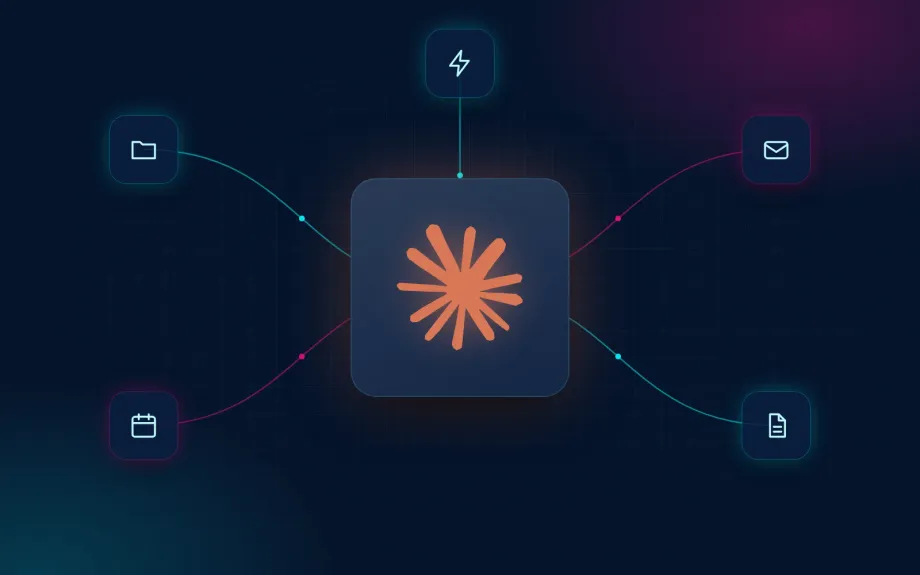 Claude logo connected to folders, calendar, email and documents