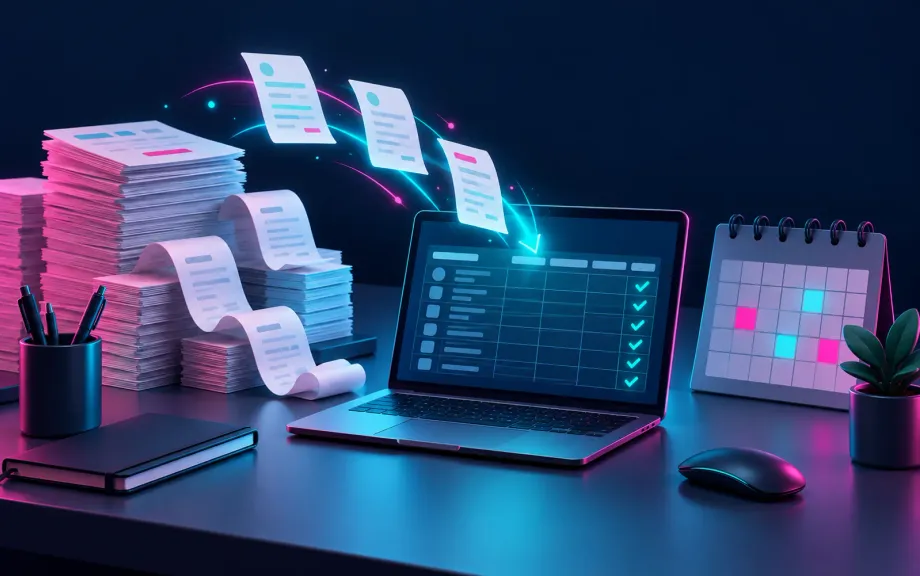 Accounting firm desk with invoices, bank statements and tax forms being sorted by an AI assistant into the accounting software