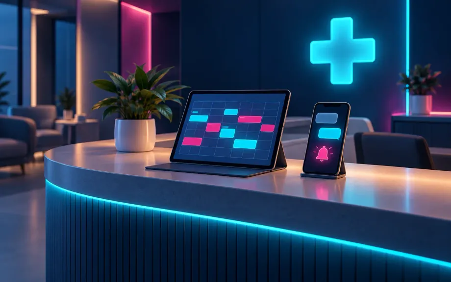 Clinic front desk with an appointment calendar, a phone showing WhatsApp and an AI assistant confirming bookings