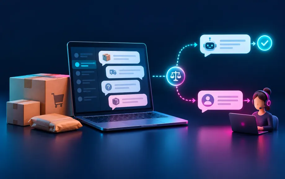 Illustration of an online shop with order boxes, a delivery van and an AI assistant sorting customer messages into automatic replies and replies for a person to review
