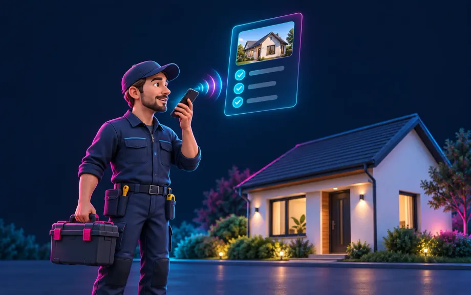Technician with a toolbox dictating a job sheet into a phone next to a van, with an AI assistant organising quotes, schedule and invoices