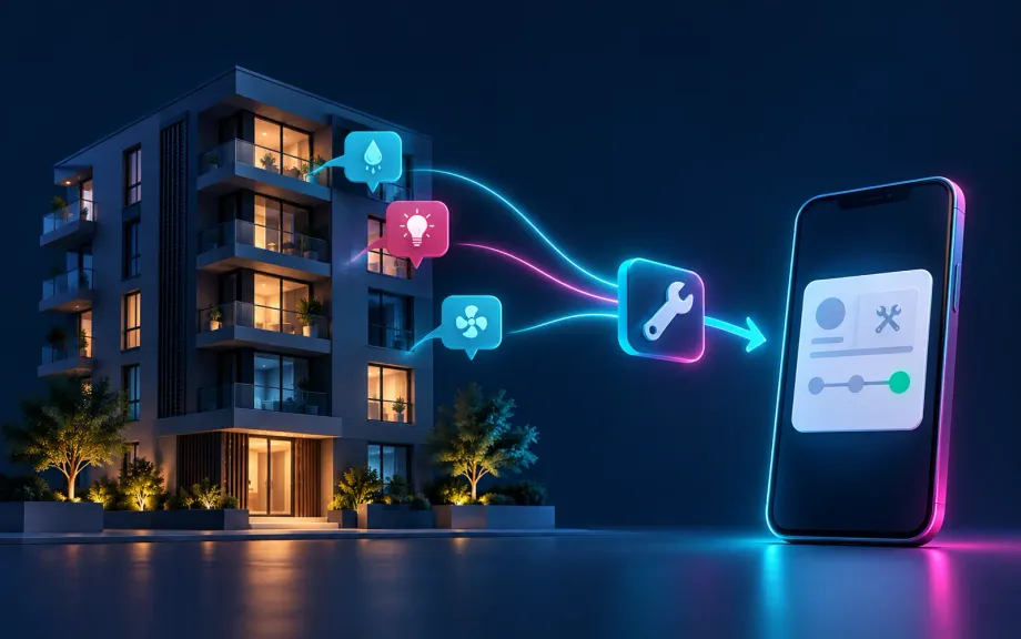 Apartment building with a resident reporting a leak by phone, an AI assistant creating a maintenance ticket and a contractor on the way
