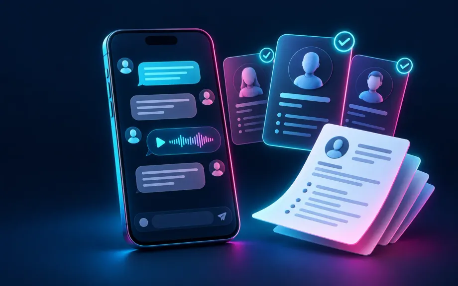 Illustration of a staffing agency: candidates messaging on WhatsApp, CVs sorted by an AI assistant and a recruiter reviewing profiles
