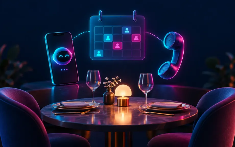 Busy restaurant dining room with an AI assistant handling phone calls and booking messages on a digital panel