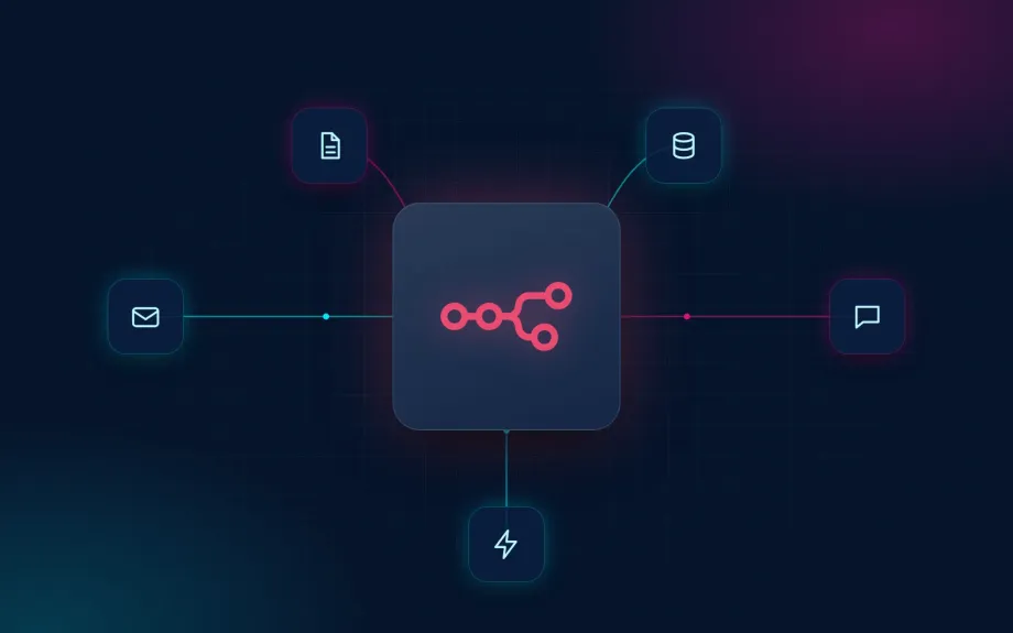 n8n logo connected to email, documents, a database and chat