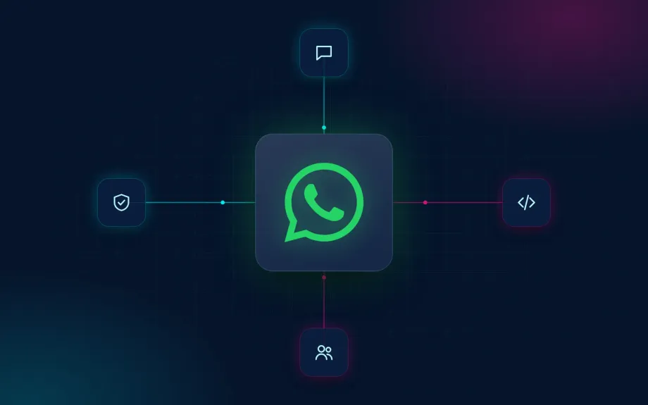 WhatsApp logo between an official verification shield and an open-source code icon