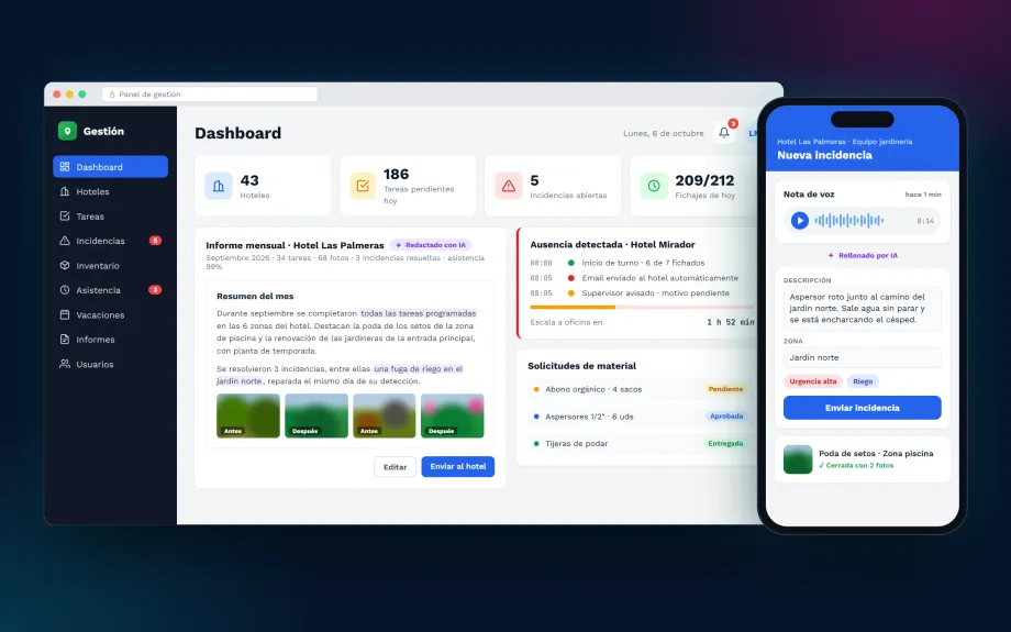 Platform dashboard with an AI-written monthly report, an absence alert and a phone creating an incident from a voice note