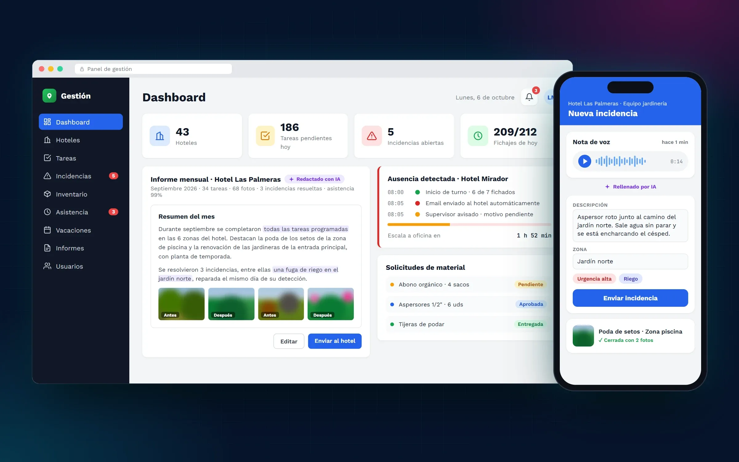 Platform dashboard with an AI-written monthly report, an absence alert and a phone creating an incident from a voice note